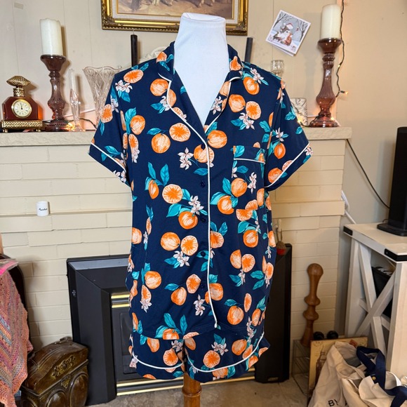 Joyspun Pajama Set Women Large 12-14 Navy Orange Citrus Print Short Sleeve Set - Picture 2 of 13